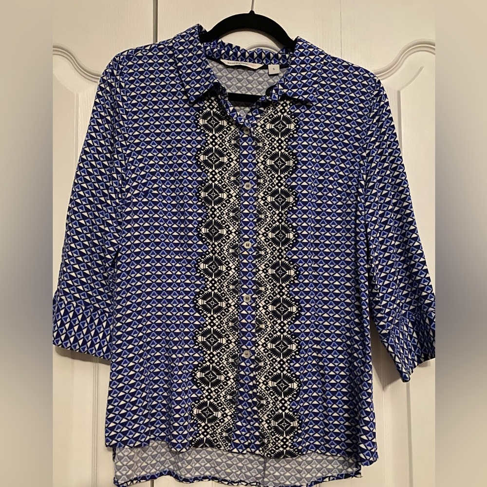 Isaac Mizrahi Blue and Black Geometric Button Down Shirt